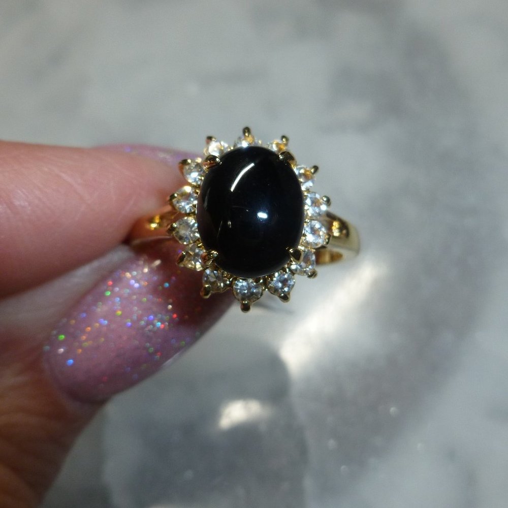 18k Yellow Gold EP Onyx Halo Swarovski Crystal Dolphin Ore Ring